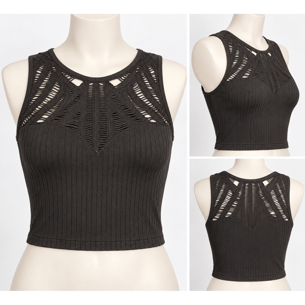 Express One Eleven Women's Black Ribbed Cutout Open Knit Crop Tank L Athleisure